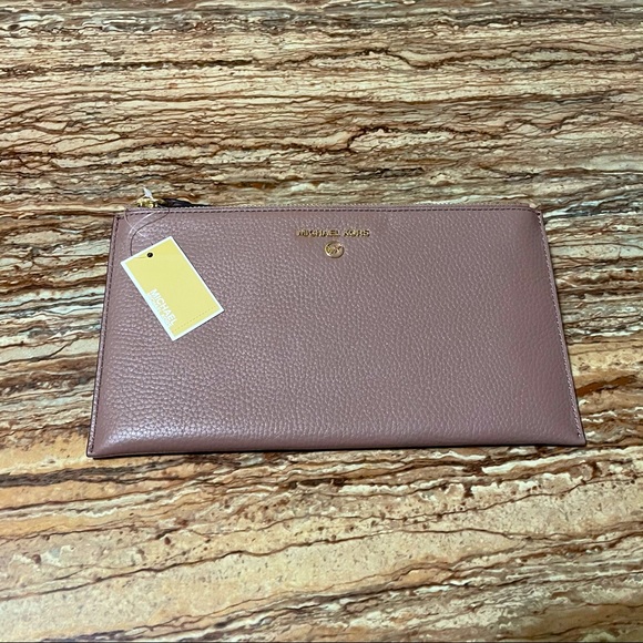 Michael Kors Jet Set Dark Fawn Pebble Leather Large Zip Clutch Wallet Wristlet - Picture 3 of 5